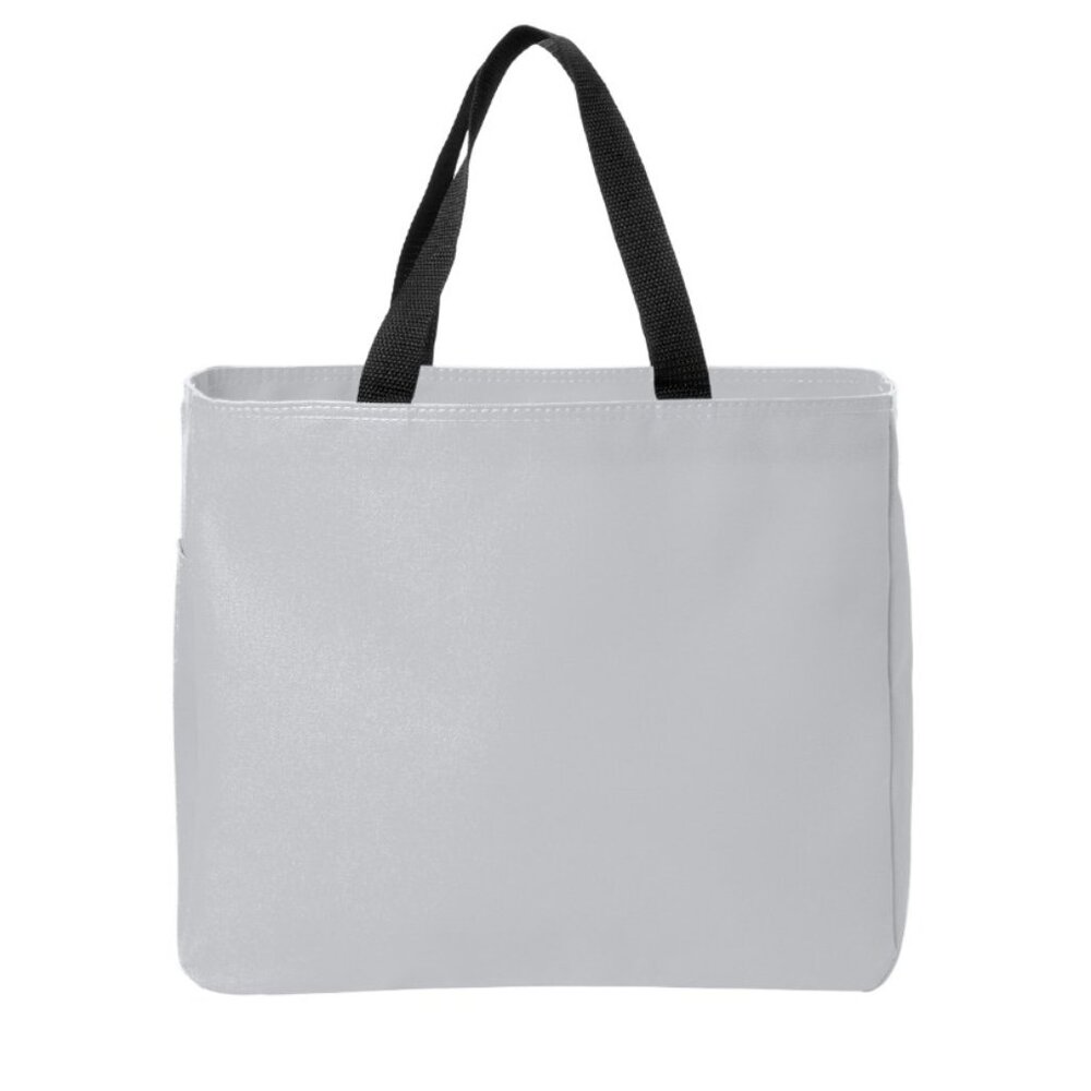 PORT AUTHORITY POLYESTER CHROME TOTE WITH SIDE POCKET AND BLACK NYLON HANDLES